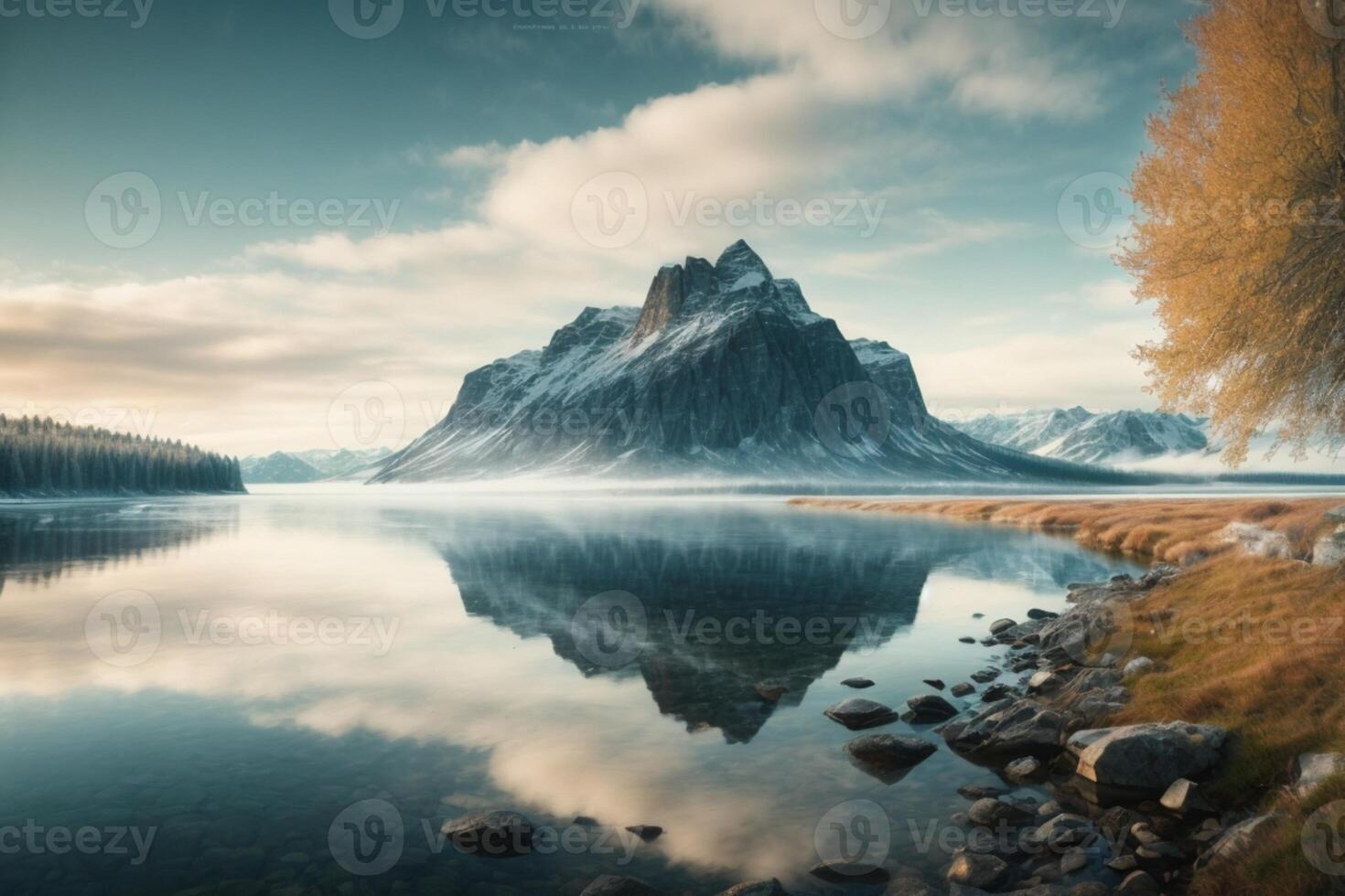 uma montanha e lago estão refletido dentro a água foto