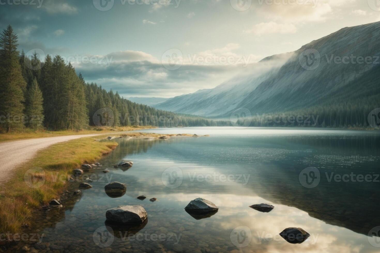 uma lago cercado de árvores e pedras foto