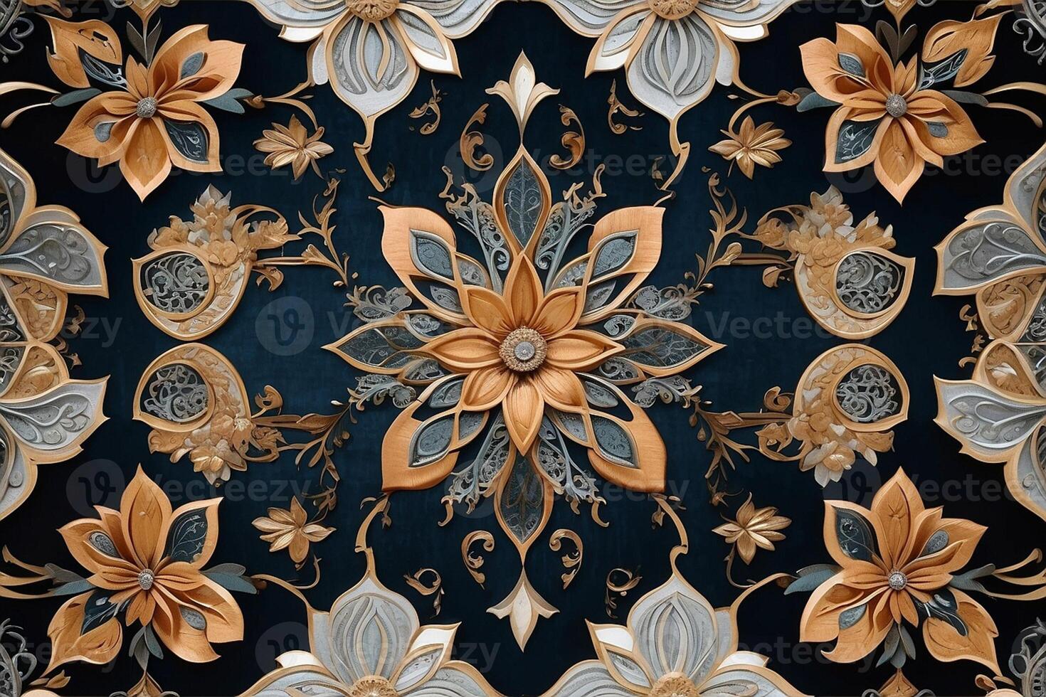 dourado floral padronizar em Sombrio azul fundo foto
