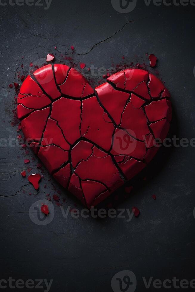 quebrado coração conceito com vermelho coração em Preto fundo foto