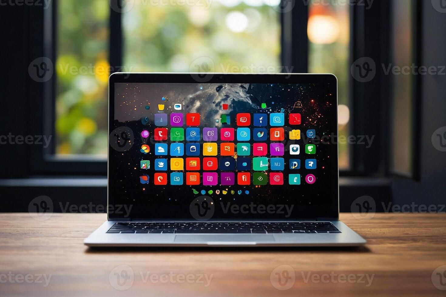 uma computador portátil com colorida ícones em a tela foto