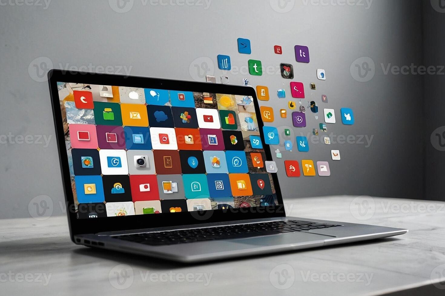 computador portátil com muitos aplicativo ícones em a tela foto