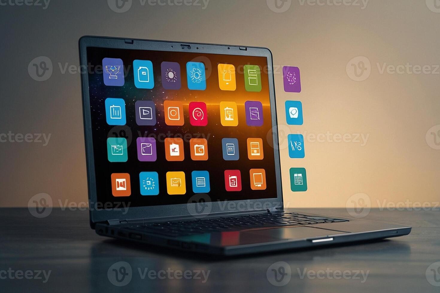 computador portátil com ícones em tela foto