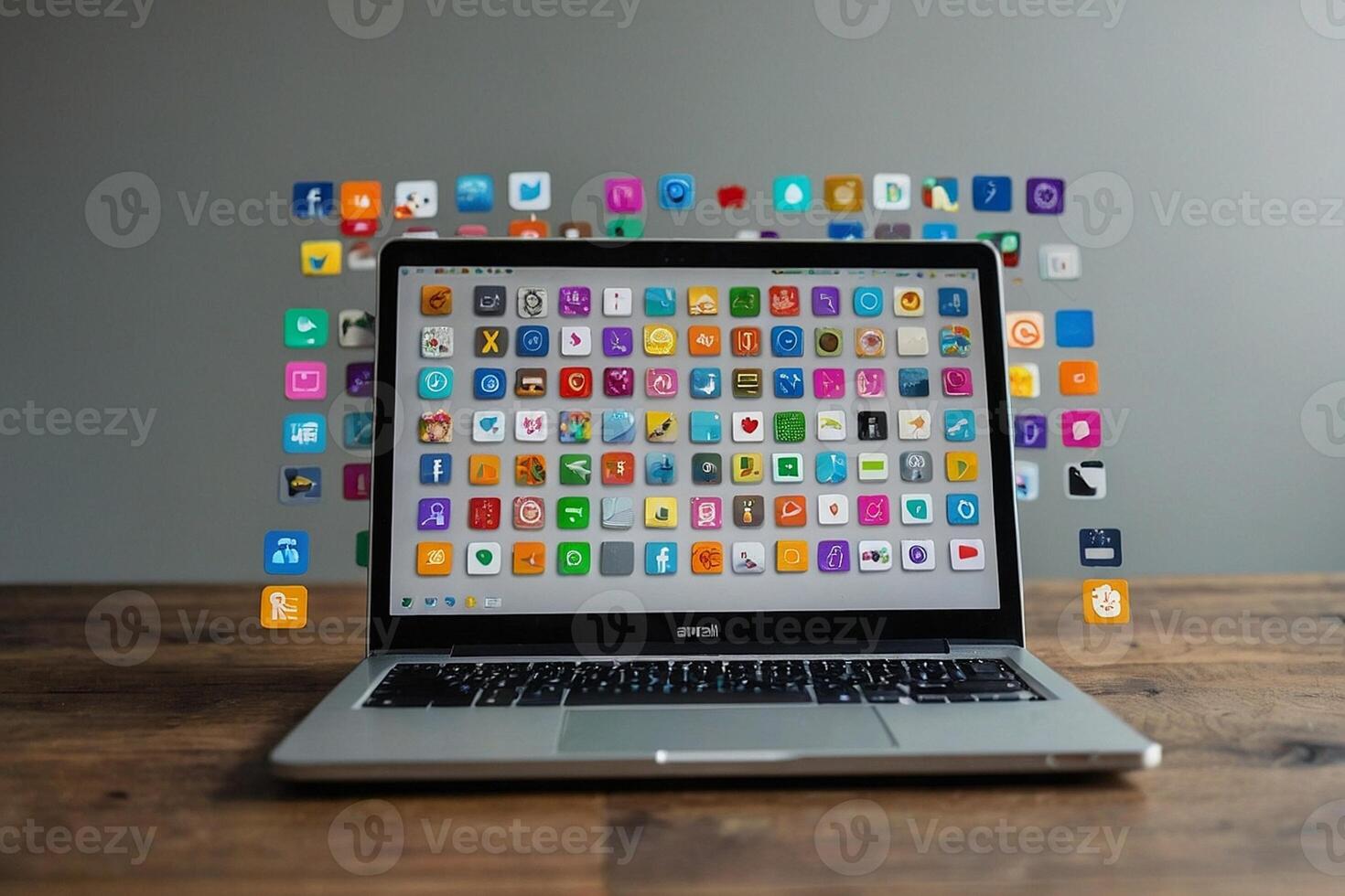 uma computador portátil com muitos colorida aplicativo ícones chegando Fora do isto foto