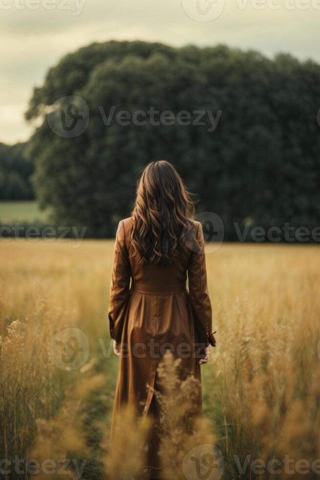 uma mulher dentro uma Castanho vestir em pé dentro uma campo foto