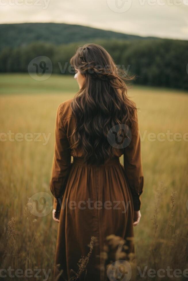 uma mulher dentro uma Castanho vestir em pé dentro uma campo foto