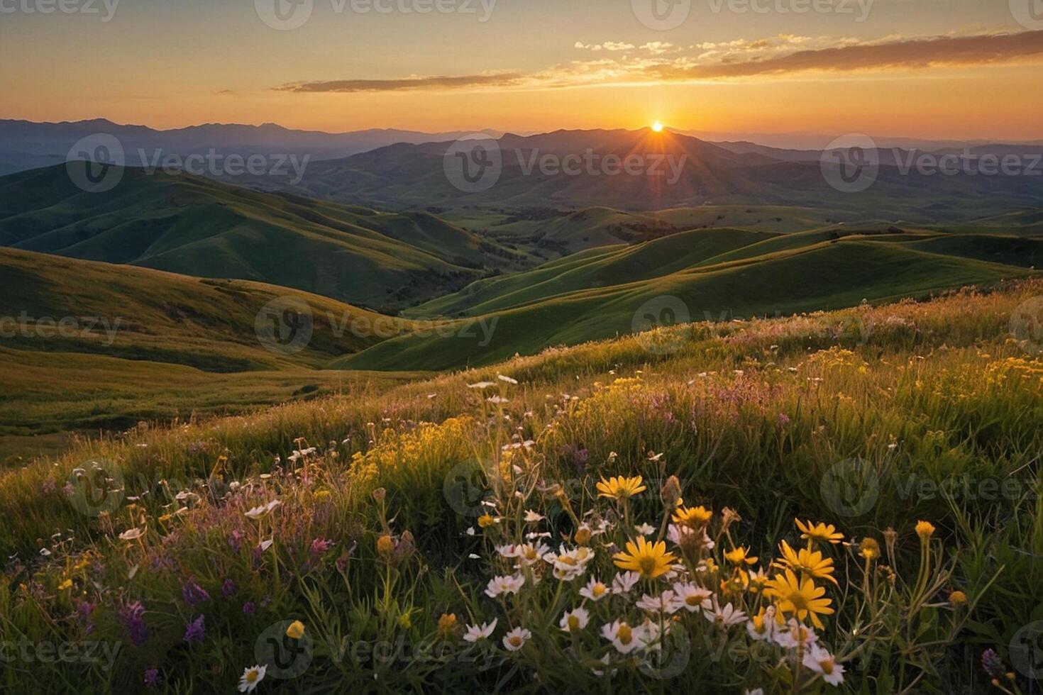 flores silvestres e gramíneo colinas às pôr do sol foto