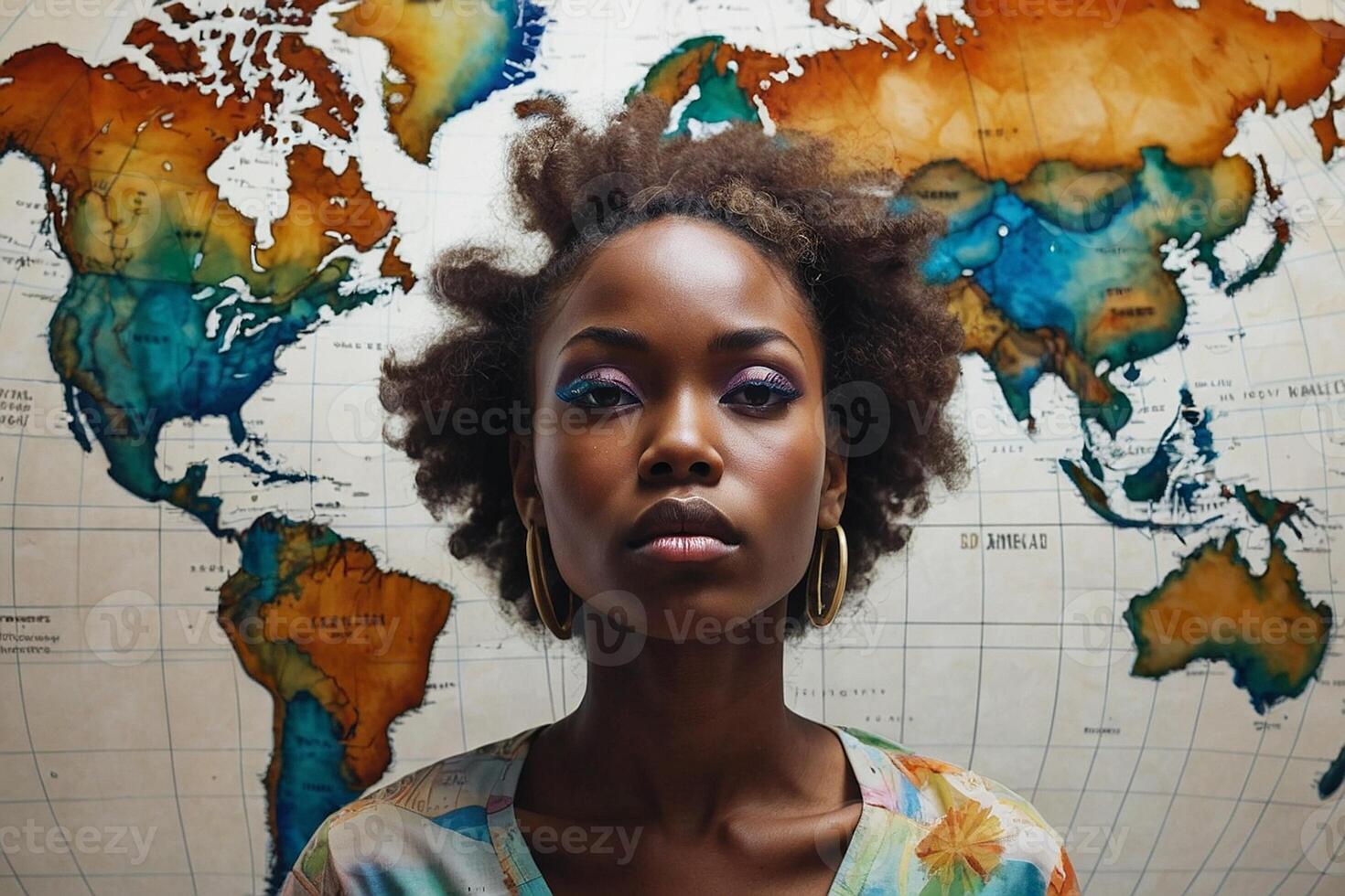 uma lindo jovem mulher com afro cabelo é em pé dentro frente do uma mundo mapa foto