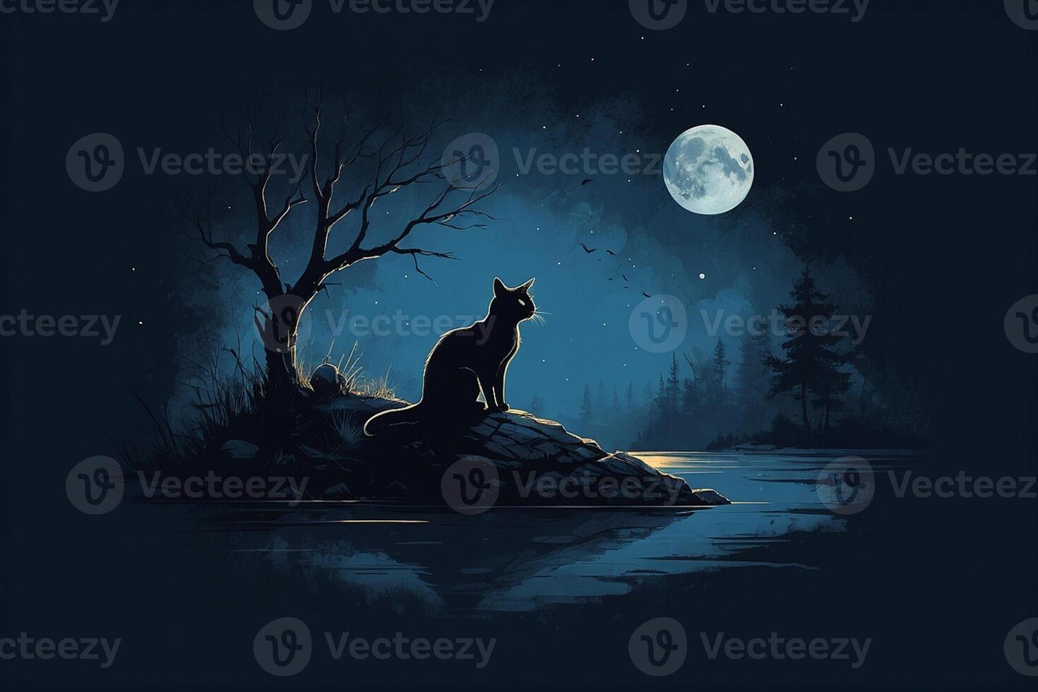 uma gato sentado em uma Colina olhando às a lua foto