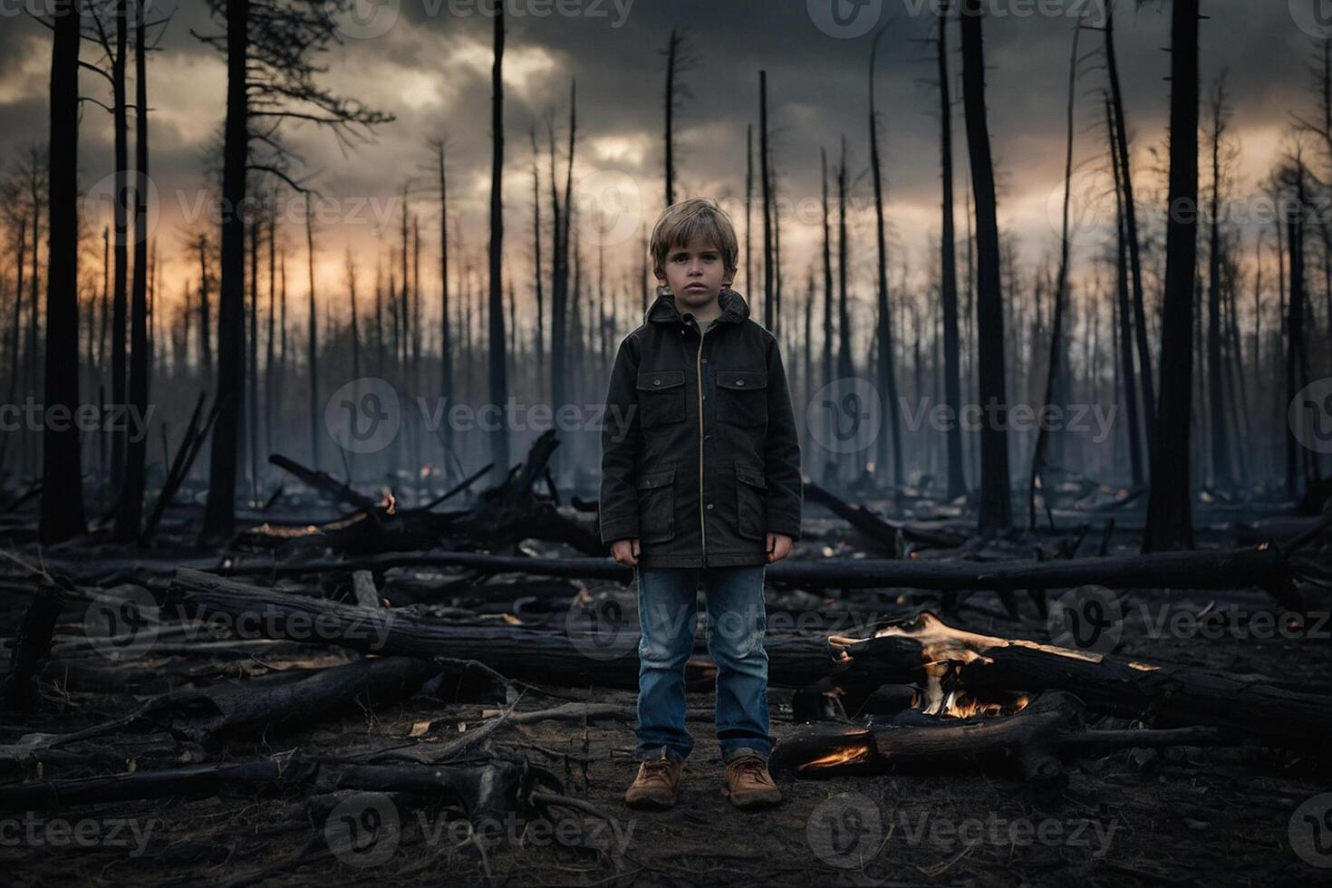 pequeno Garoto em pé dentro queimando floresta, natural desastre conceito foto