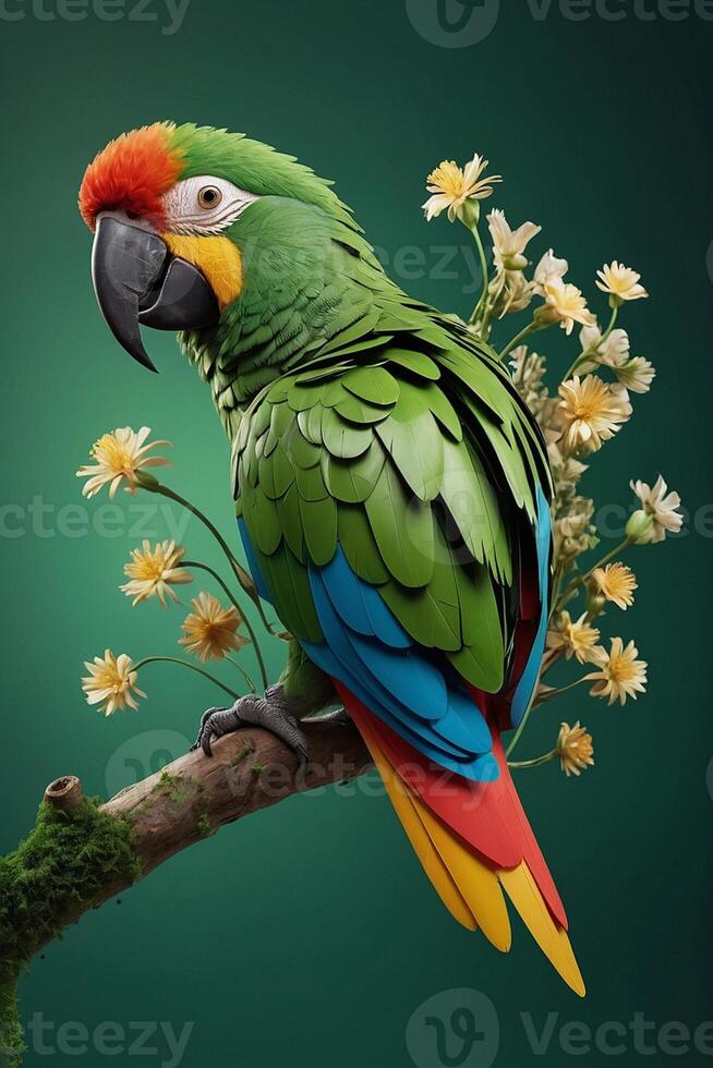 papagaio com flores e verde fundo foto