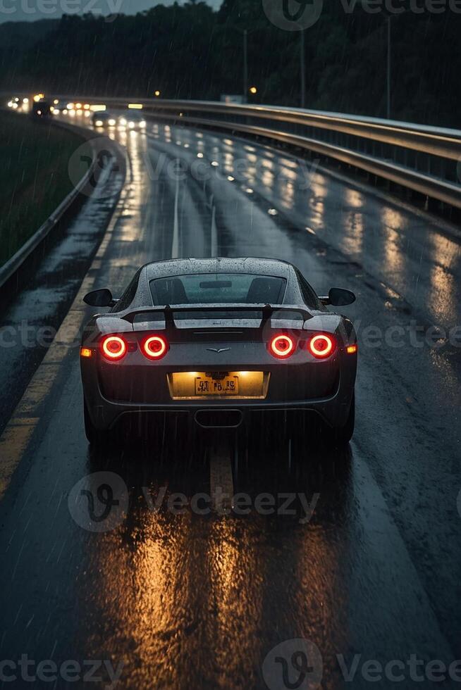 uma Esportes carro dirigindo baixa uma molhado estrada às noite foto