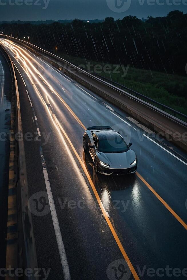 uma Esportes carro dirigindo baixa uma molhado estrada às noite foto