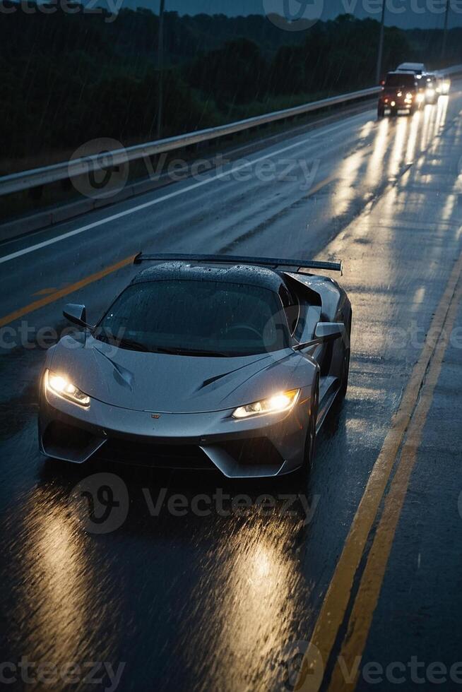 uma Esportes carro dirigindo em uma molhado estrada às noite foto