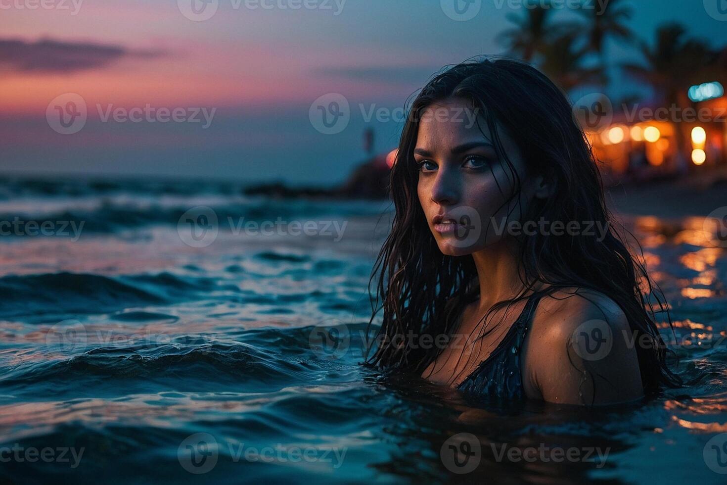 uma lindo mulher dentro a oceano às pôr do sol foto