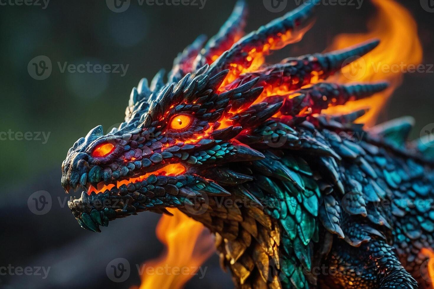 uma Dragão com brilhando olhos e fogo chegando Fora do Está boca foto