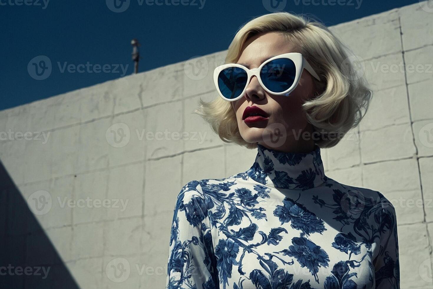 uma mulher vestindo oculos de sol e uma listrado chapéu carrinhos dentro frente do uma metrô trem foto