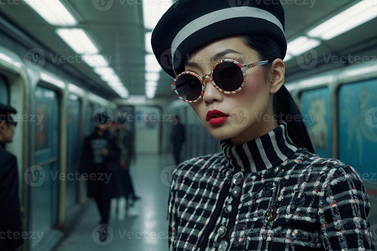 uma mulher vestindo oculos de sol e uma chapéu dentro uma metrô foto