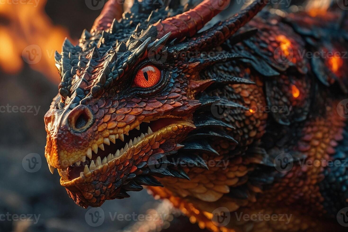 uma Dragão estátua com brilhando vermelho olhos foto