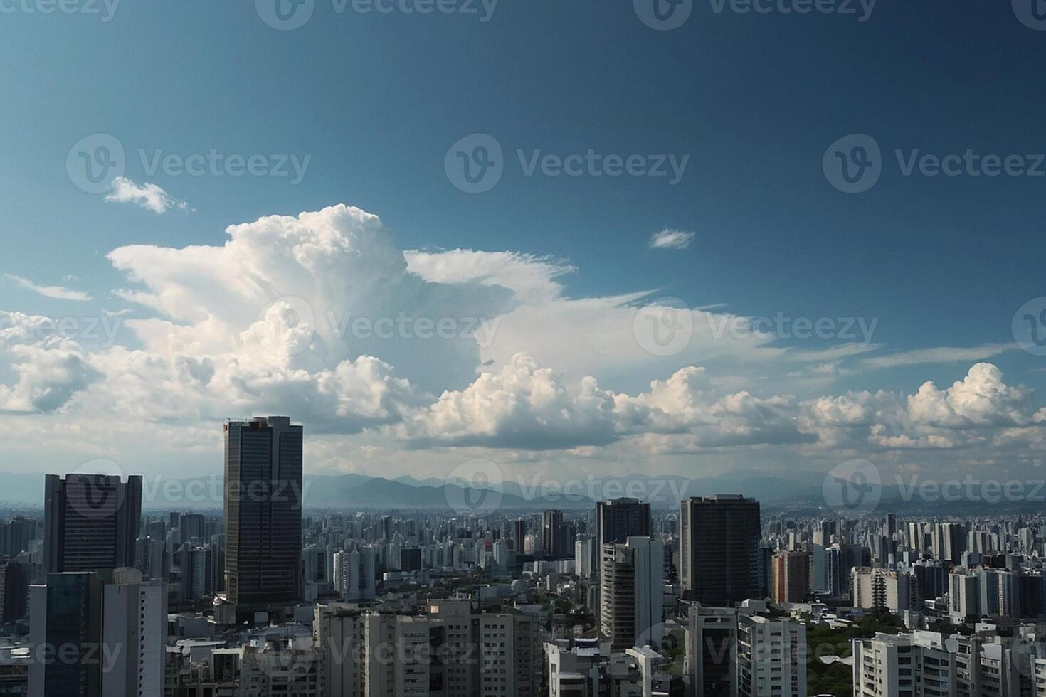 uma cidade Horizonte com alta edifícios e nuvens foto