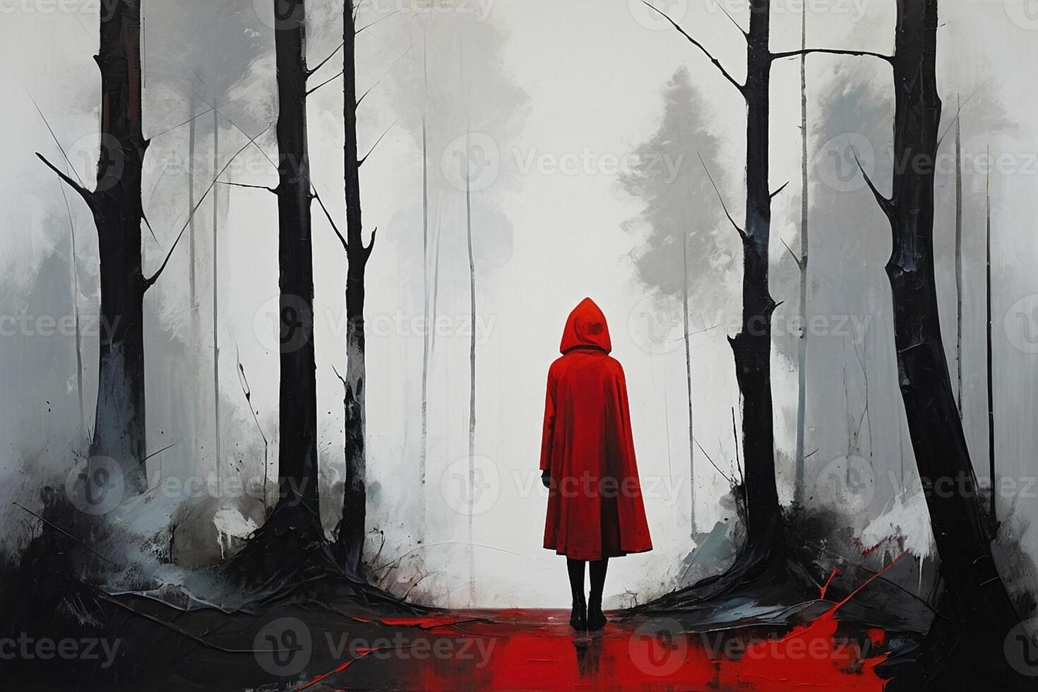 uma pintura do uma vermelho encapuzado mulher caminhando através uma floresta foto