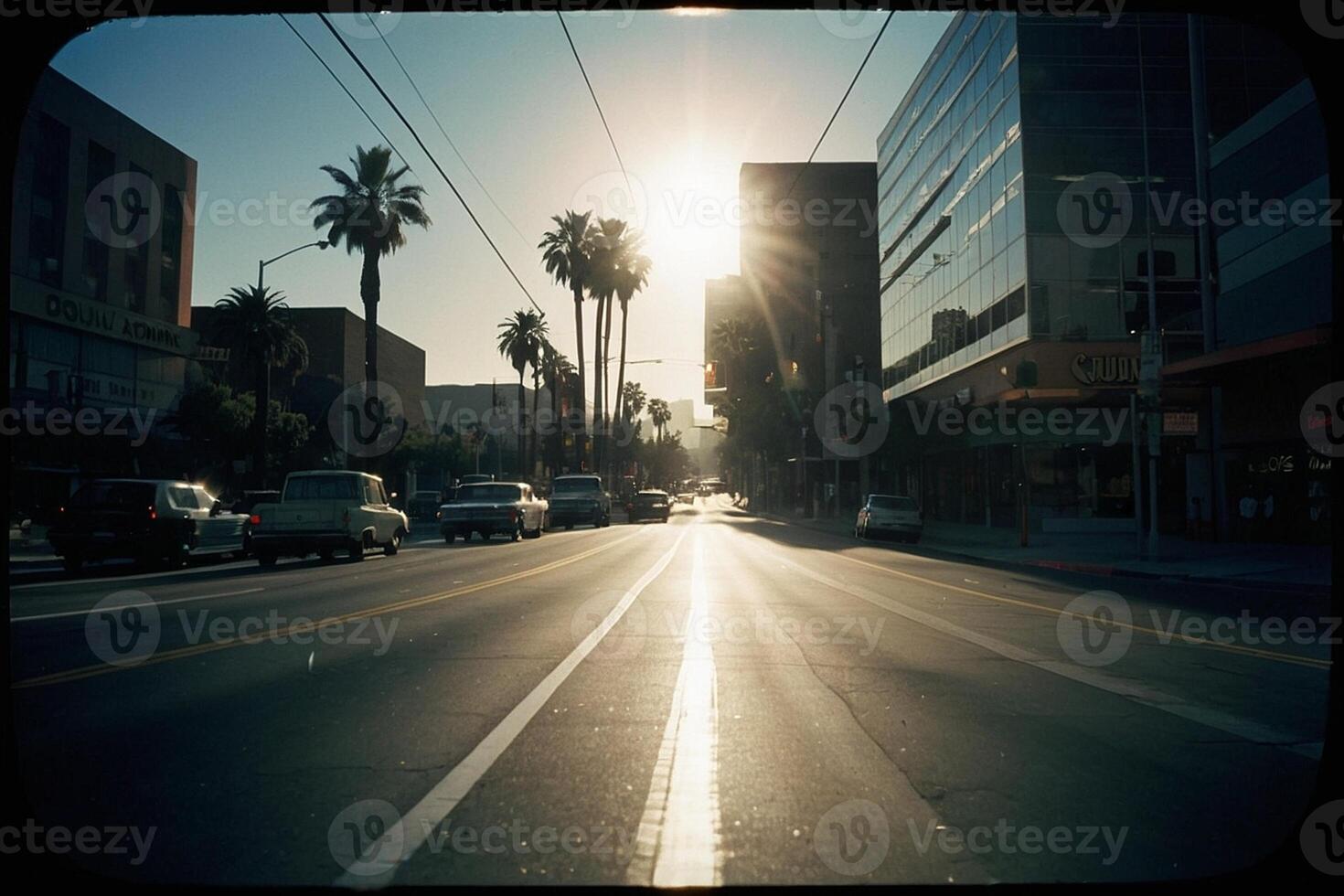 uma Visão do a pôr do sol a partir de uma rua dentro centro da cidade los angeles foto