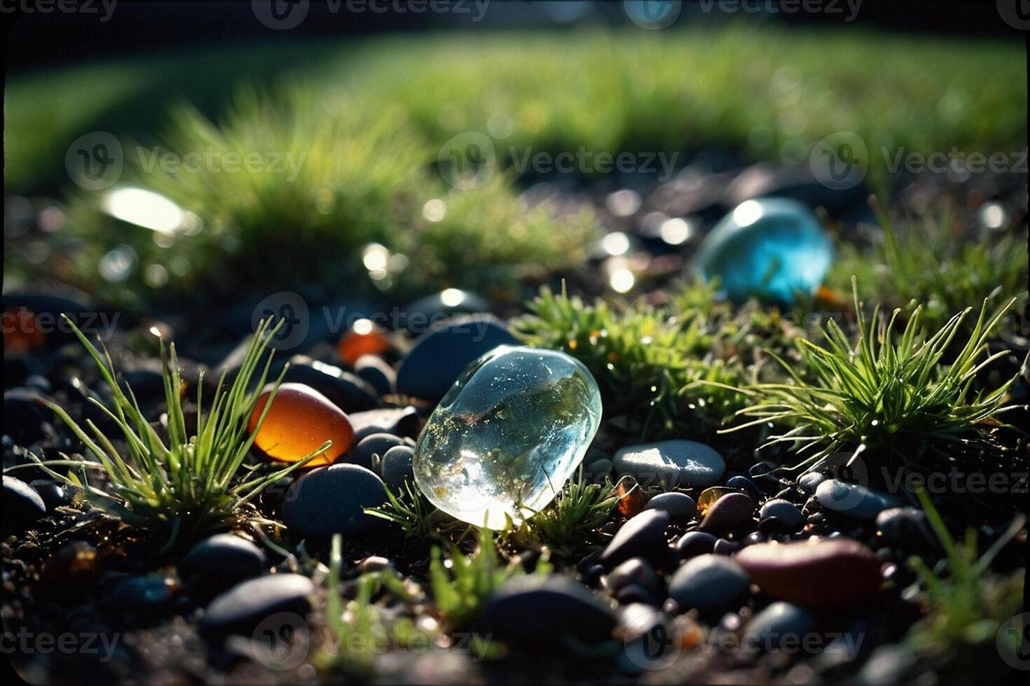 uma poça do água em a terra com Relva e pedras foto