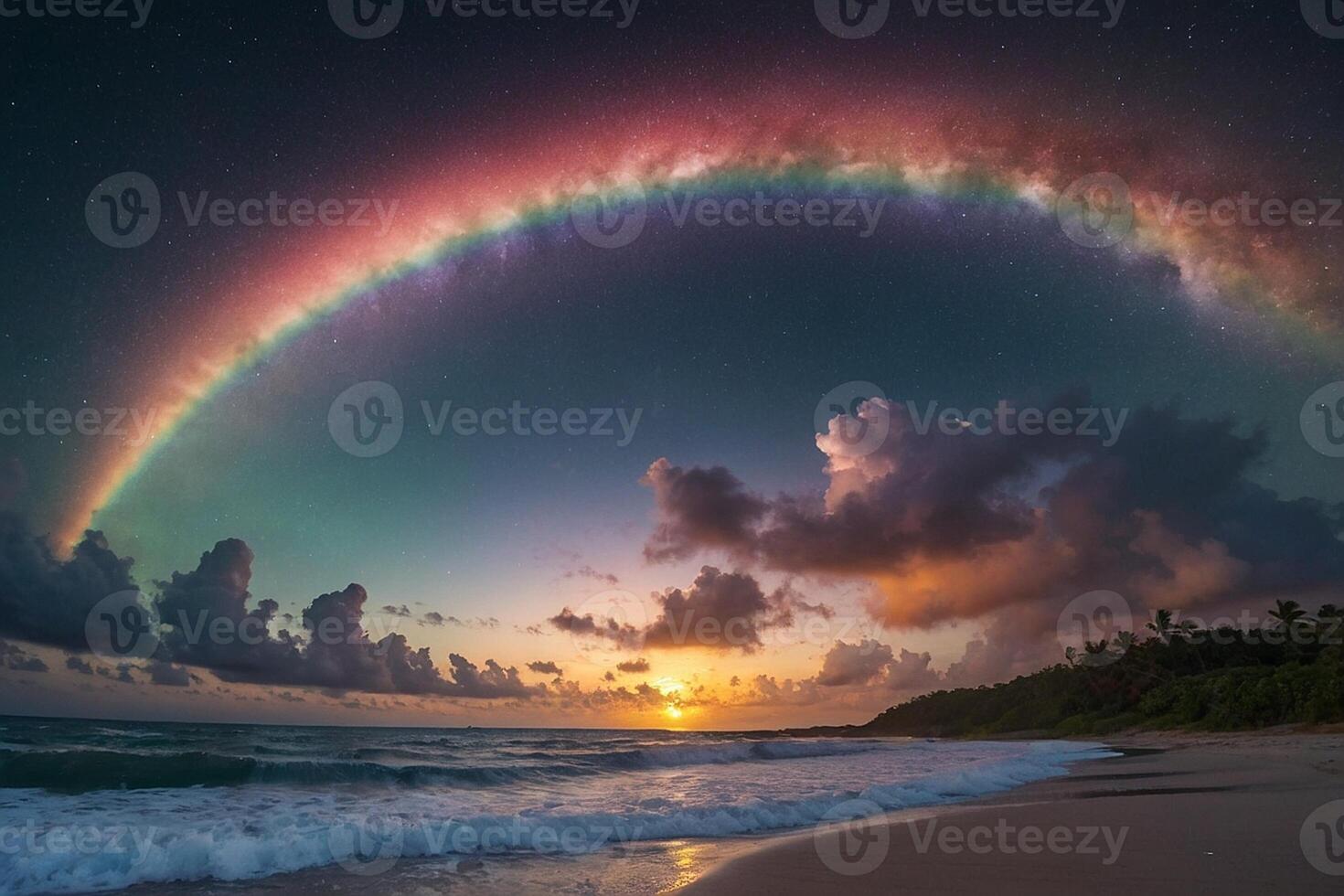 uma arco Iris e nuvens estão visto sobre a oceano foto