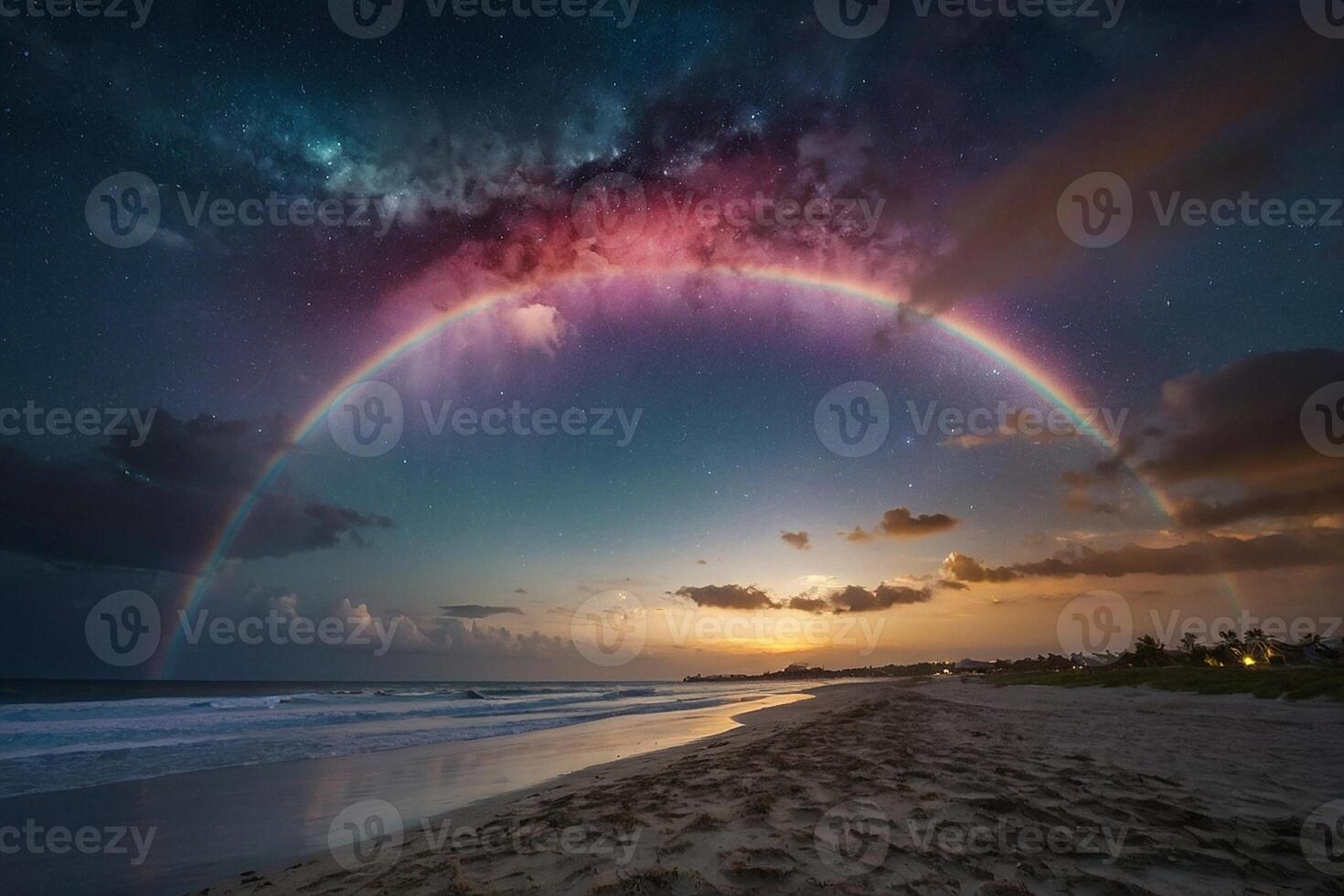 uma arco Iris e nuvens estão visto sobre a oceano foto