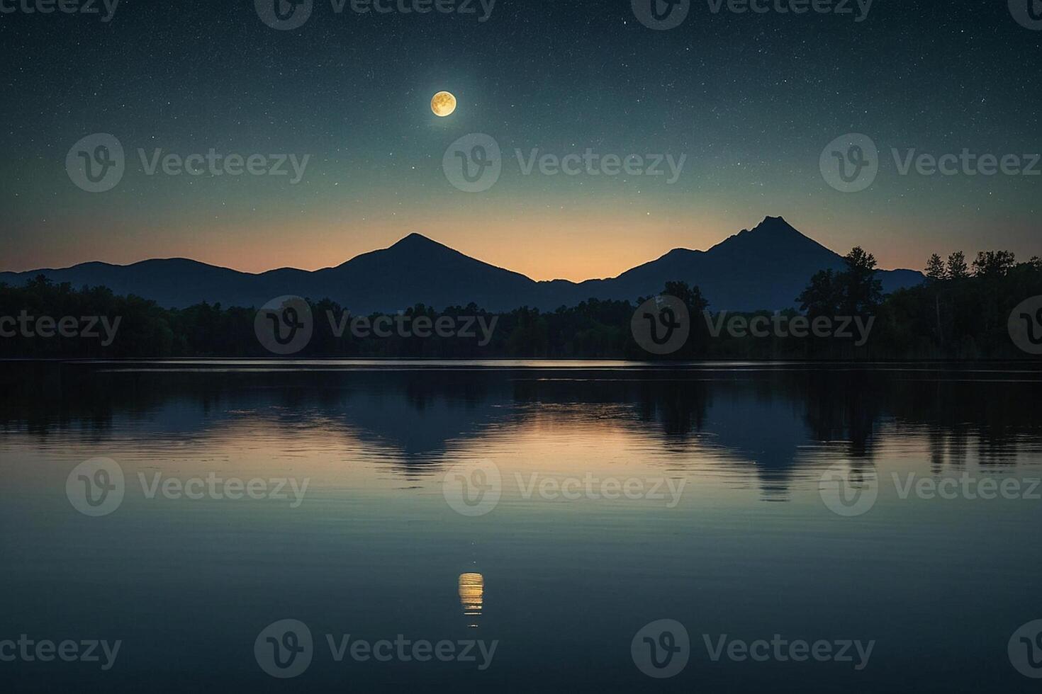 ai gerado uma cheio lua é visto sobre uma lago às noite foto
