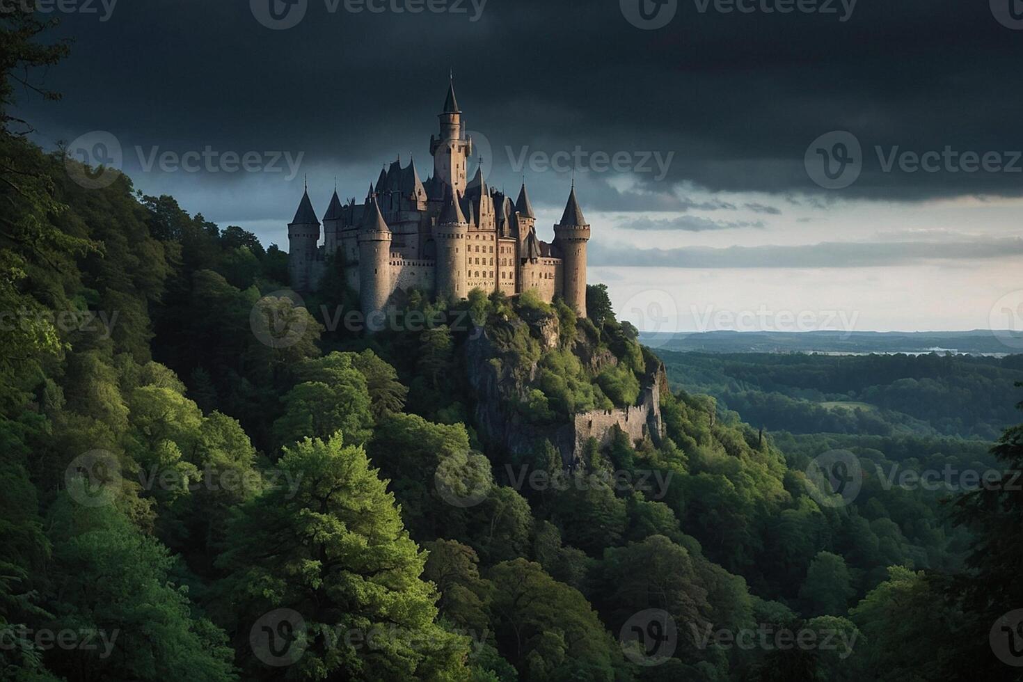 ai gerado a castelo é aceso acima às noite dentro a floresta foto