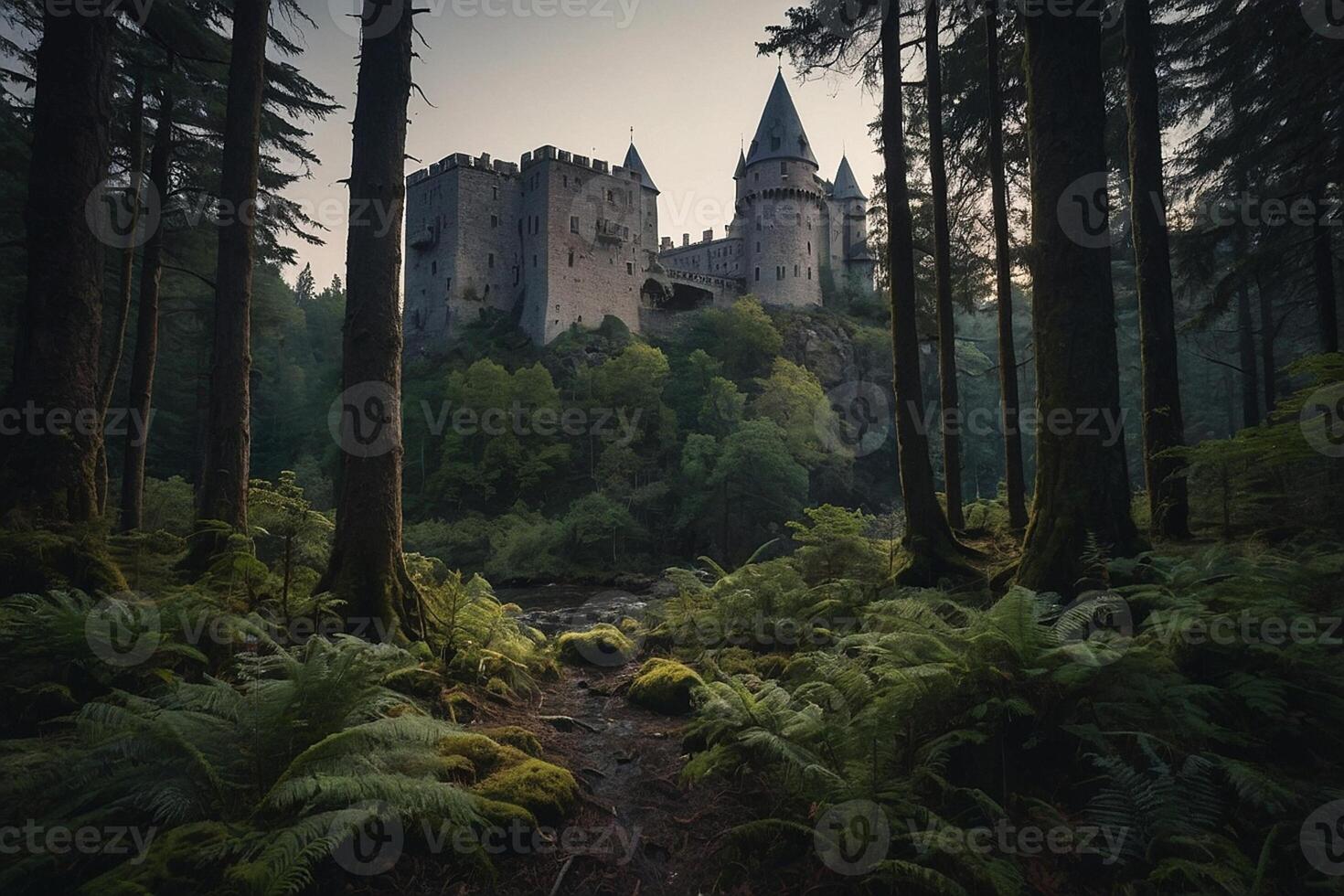 ai gerado a castelo é aceso acima às noite dentro a floresta foto