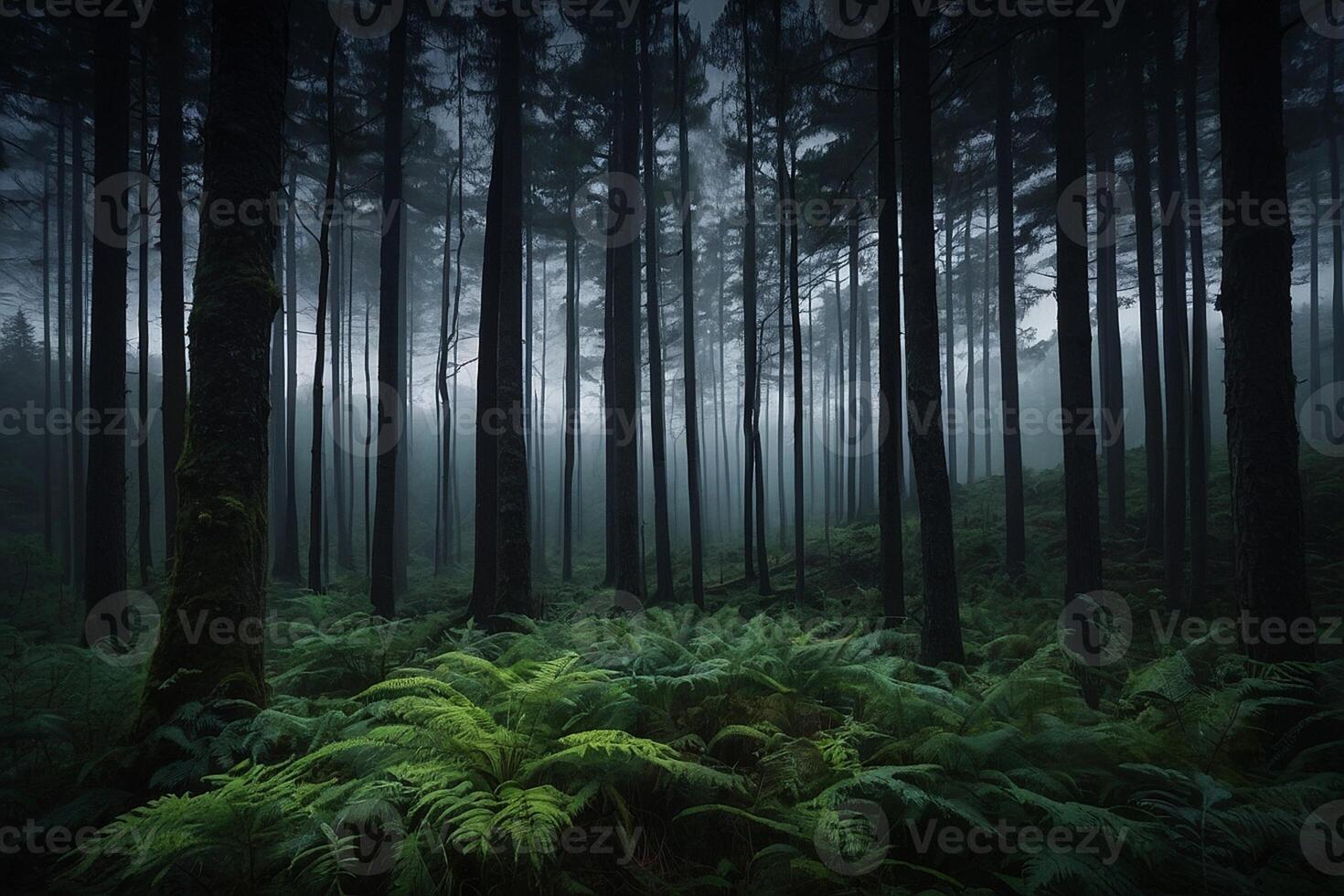 ai gerado uma Sombrio floresta com samambaias e árvores foto