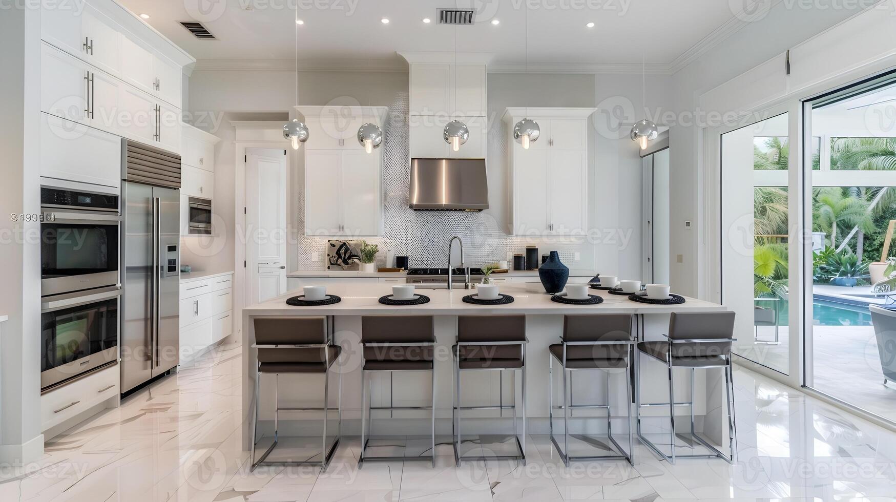 brilhante e elegante conceito aberto moderno cozinha com sofisticado eletrodomésticos e lustroso decoração foto