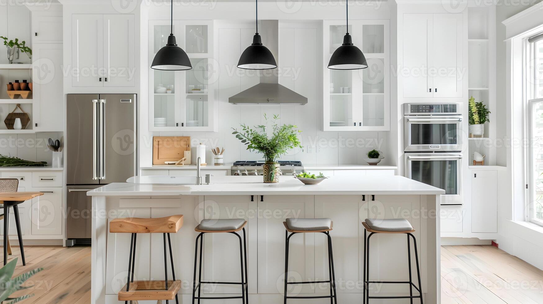 brilhante e espaçoso moderno cozinha com branco armários, inoxidável aço eletrodomésticos, e de madeira acentos foto