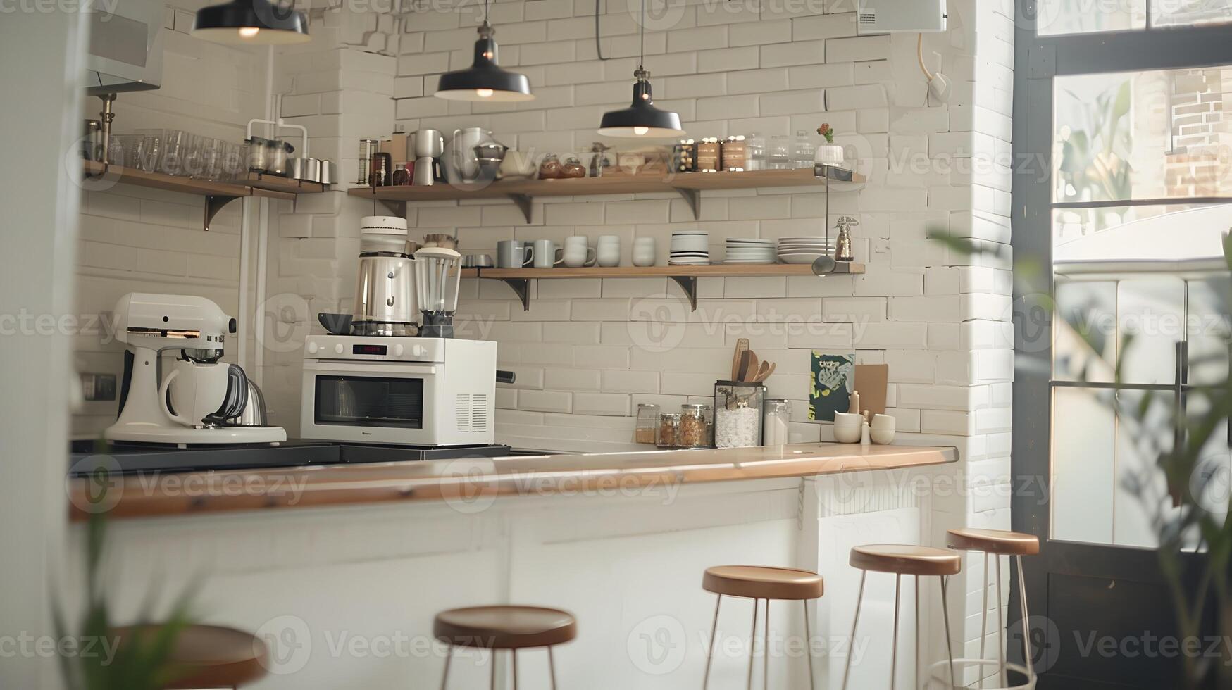 brilhante e acolhedor cozinha interior com prateleiras, eletrodomésticos e decoração elementos foto