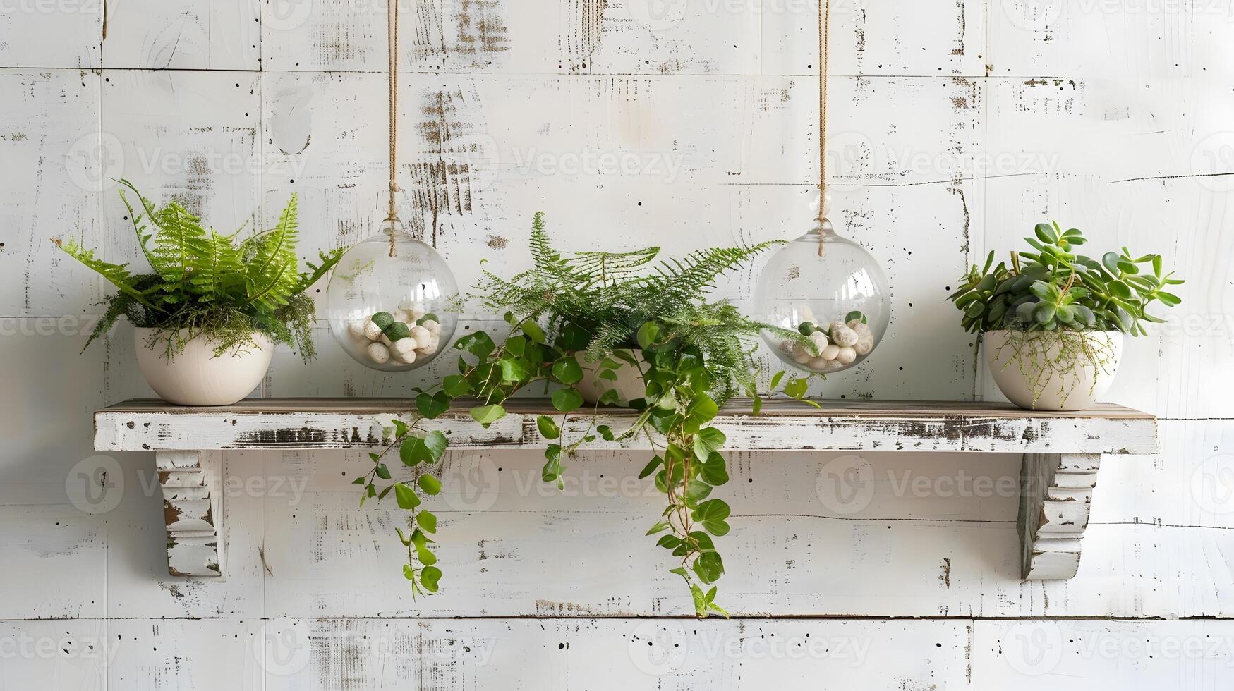 belas curado vegetação exibição em uma rústico de madeira estante dentro uma pacífico e acolhedor interior configuração foto