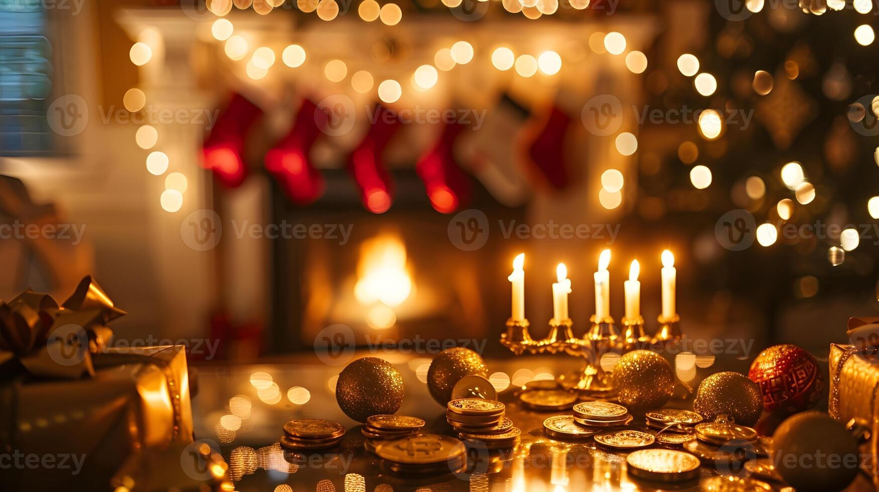 acolhedor e elegante Natal casa interior com brilhando castiçais, enfeites e festivo foto