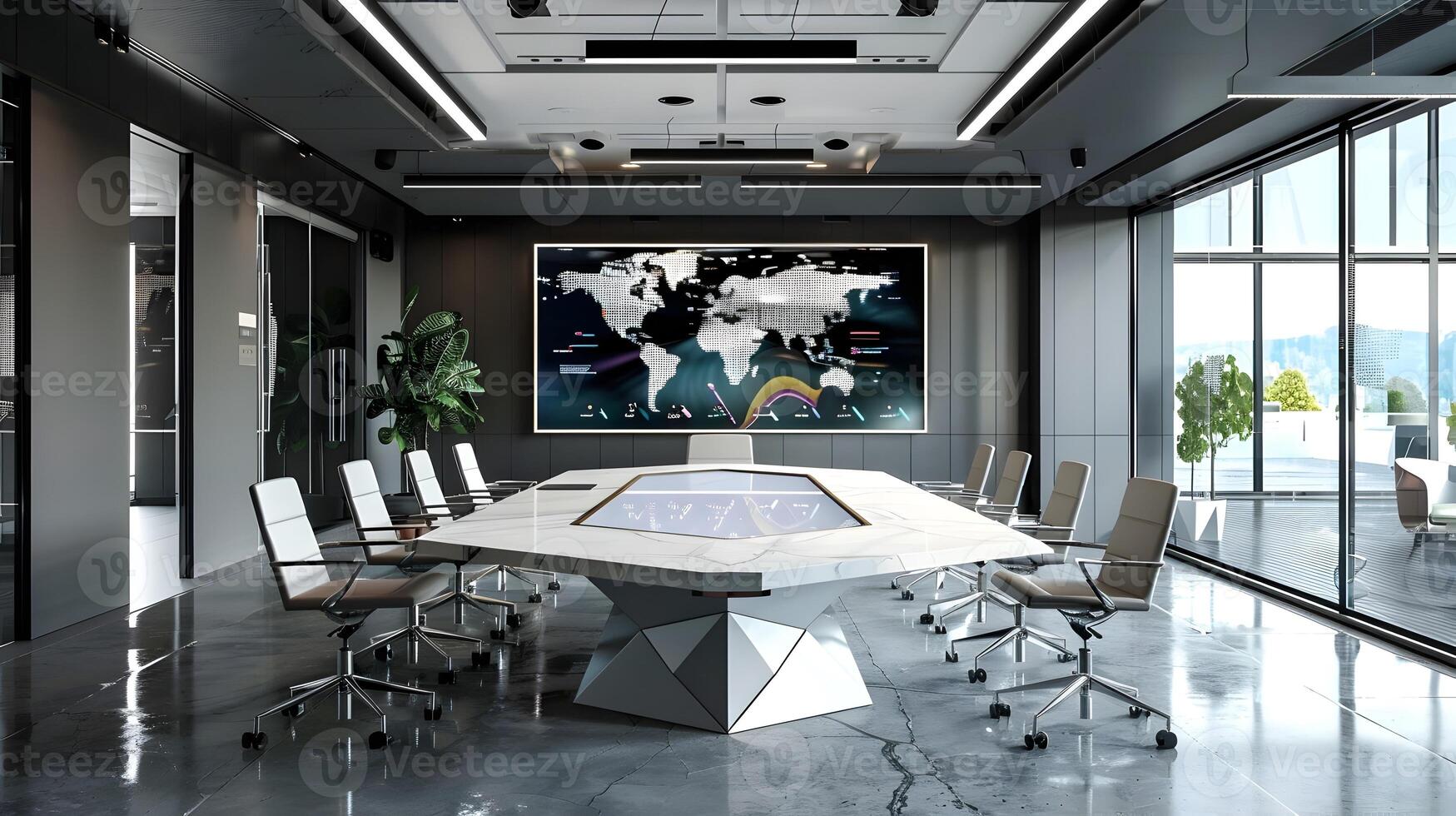 lustroso e à moda moderno sala de reuniões com panorâmico Visualizações e digital mundo mapa exibição para global o negócio e estratégico tomando uma decisão foto