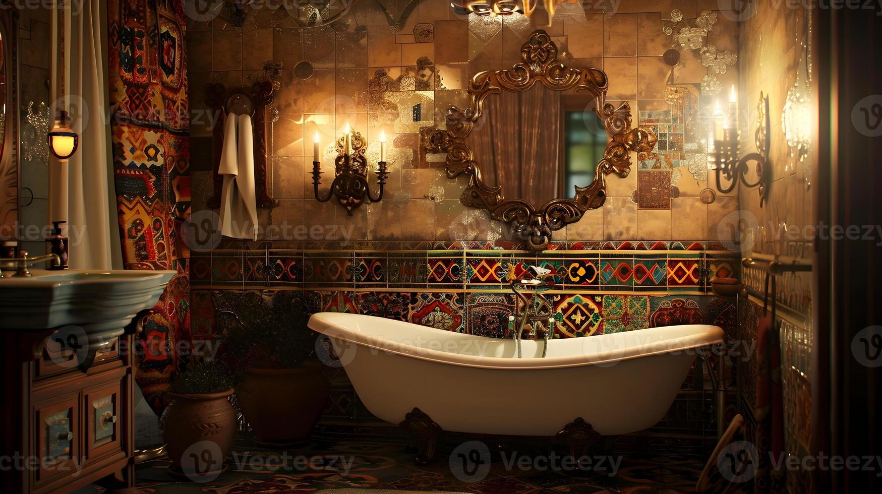 ornamentado e luxuoso vintage banheiro interior com intrincado decoração e luxuoso mobília foto