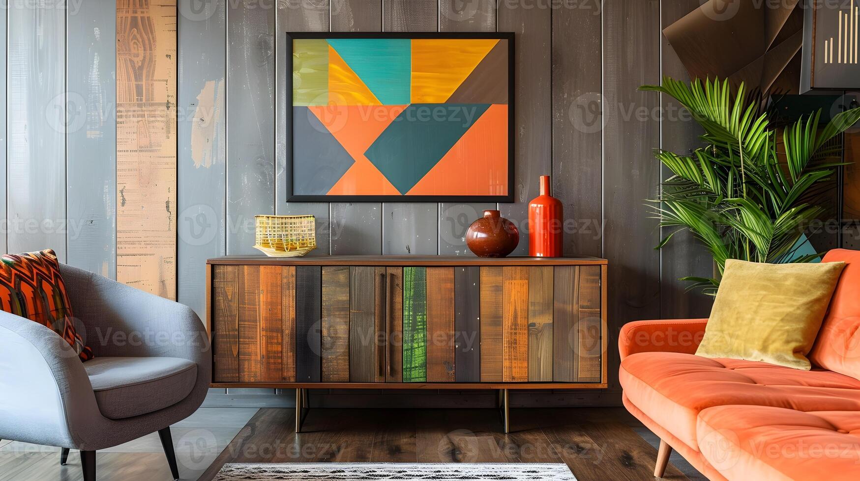 convidativo moderno rústico vivo quarto com geométrico abstrato obra de arte e vibrante cor paleta foto