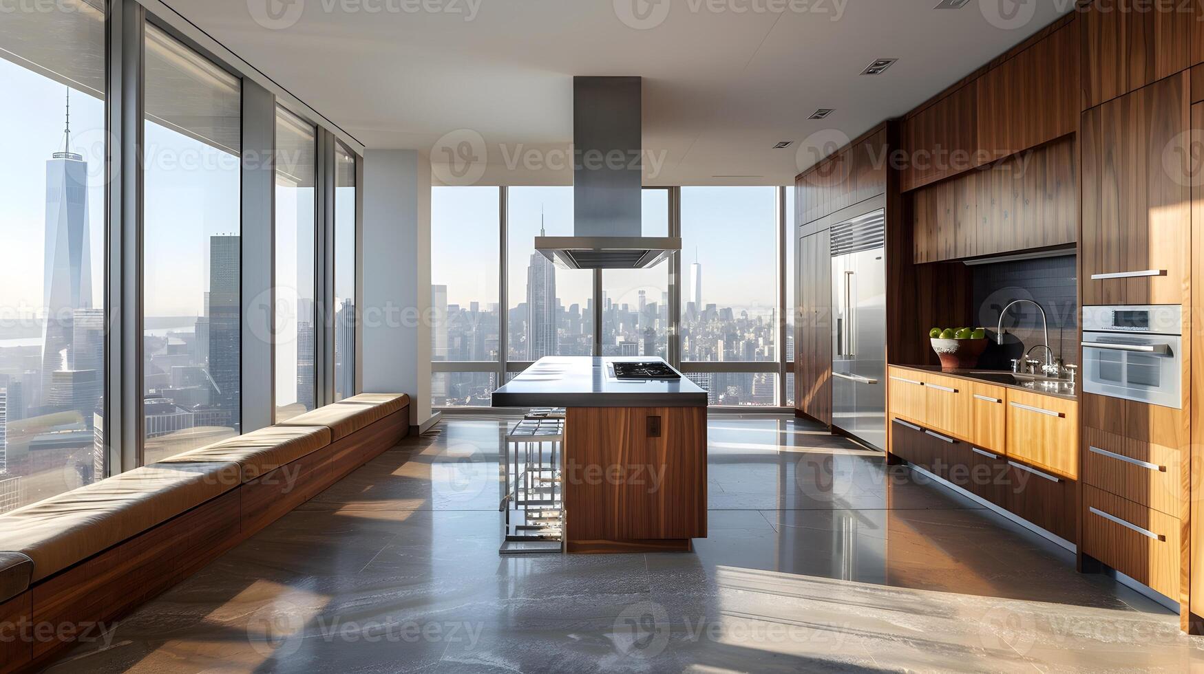 luxo moderno cozinha com panorâmico cidade Horizonte Visão dentro de luxo urbano apartamento foto