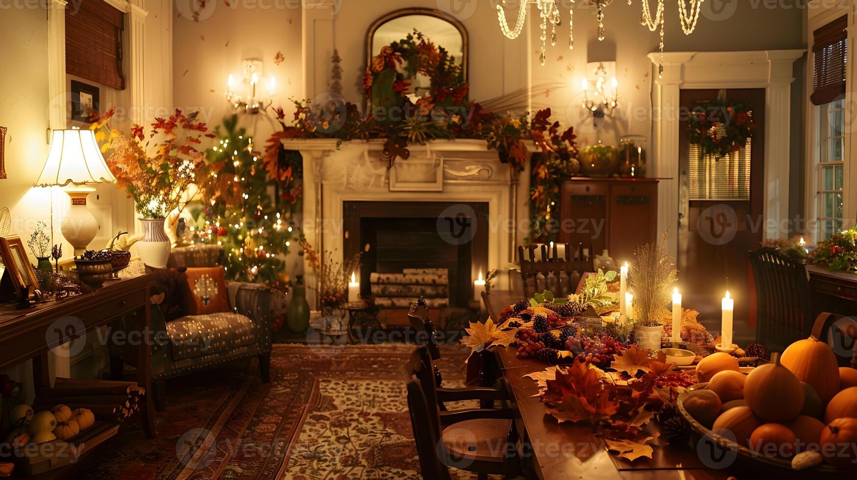 acolhedor Natal lareira decoração com festivo enfeites e sazonal acentos dentro caloroso casa interior foto