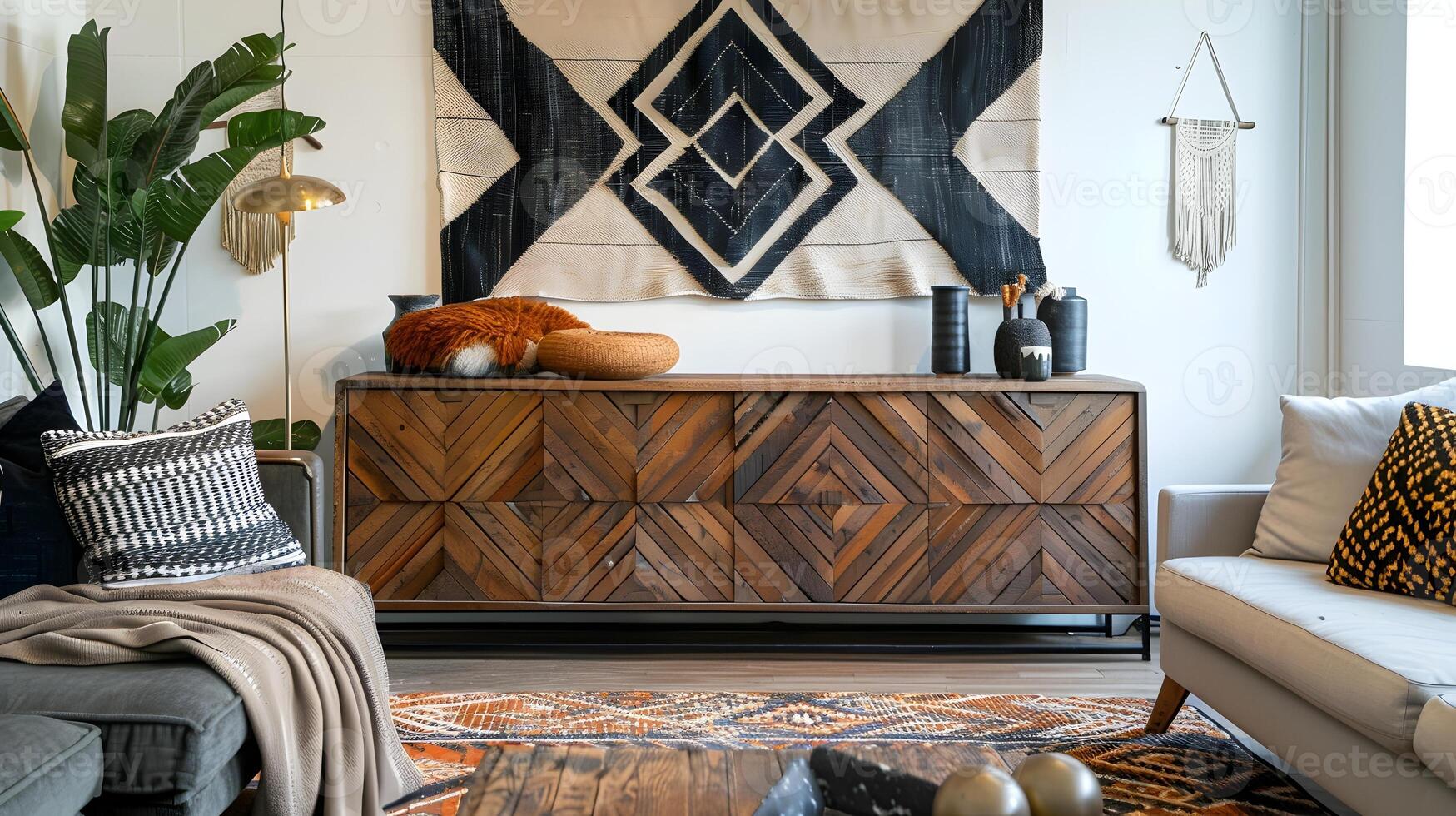 acolhedor e eclético rústico vivo quarto com feito à mão de madeira mobília e inspirado no boho decoração elementos foto