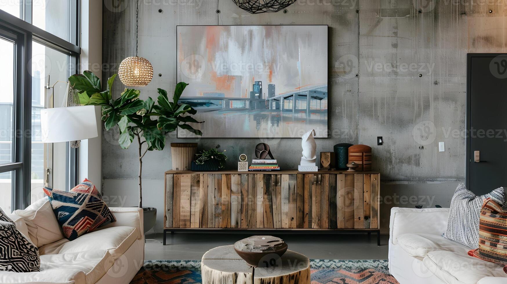 acolhedor e à moda de inspiração industrial vivo quarto com rústico acentos e moderno decoração elementos foto