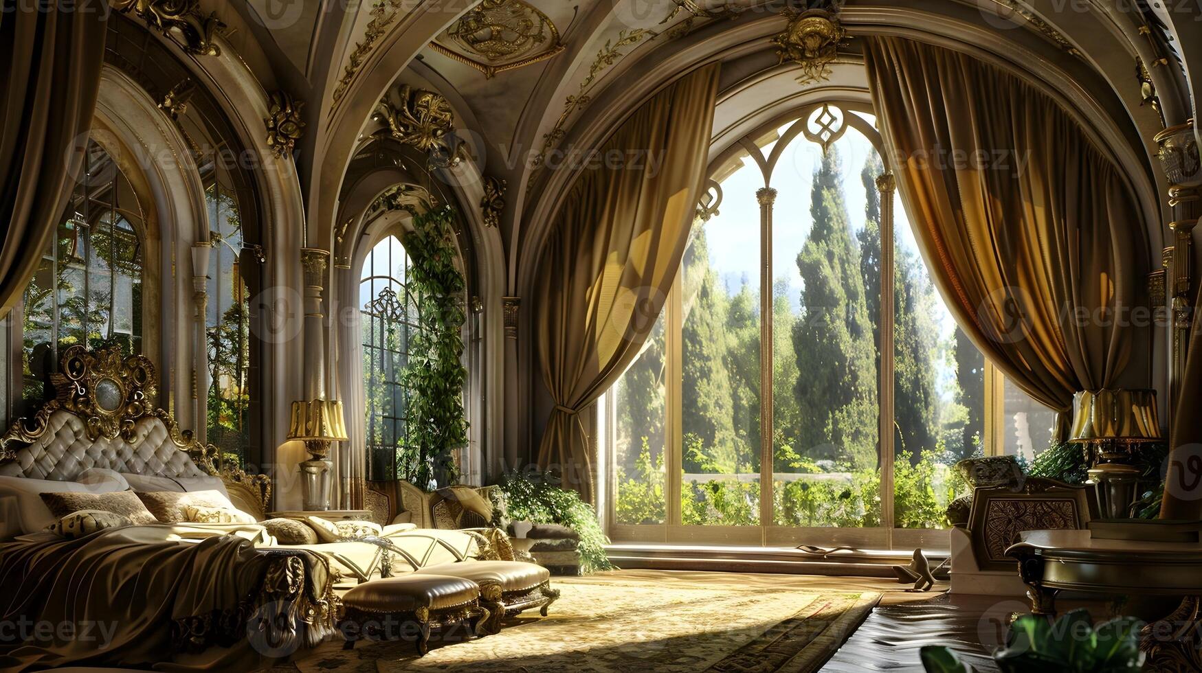 opulento e encantador barroco Palácio interior com exuberante jardim vistas foto