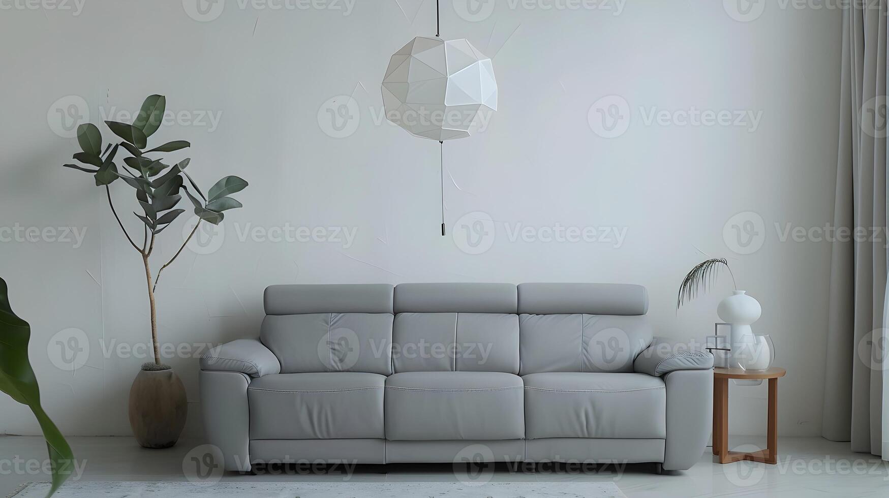 minimalista vivo quarto apresentando cinzento couro sofá e geométrico pingente luz foto
