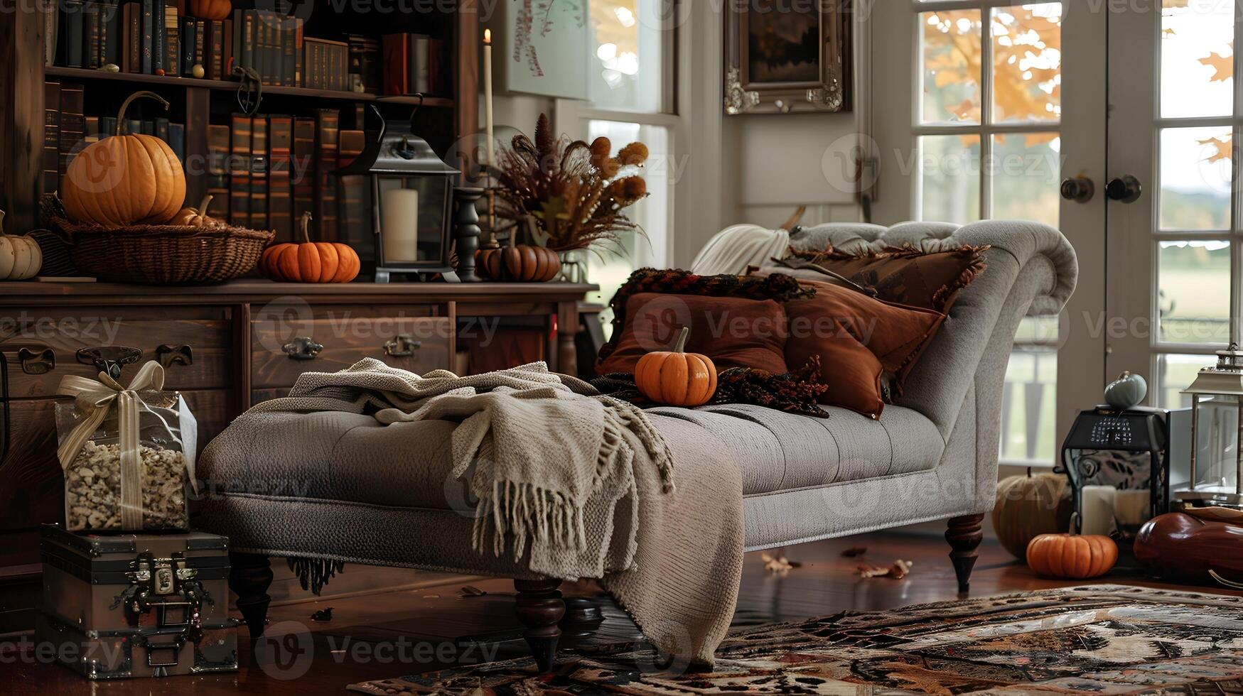 outono vivo quarto fuga uma acolhedor chaise salão adornado com decorativo abóboras e caloroso tons para uma tranquilo lendo experiência foto