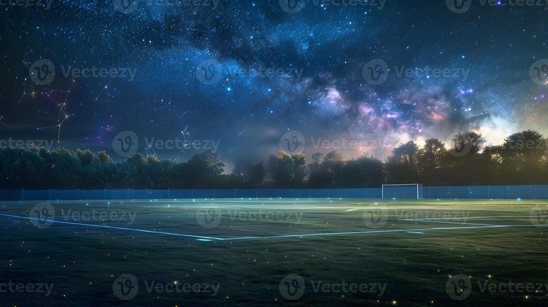 estrelado noite futebol arremesso uma tranquilo iluminado por constelação campo debaixo a cósmico cofre foto