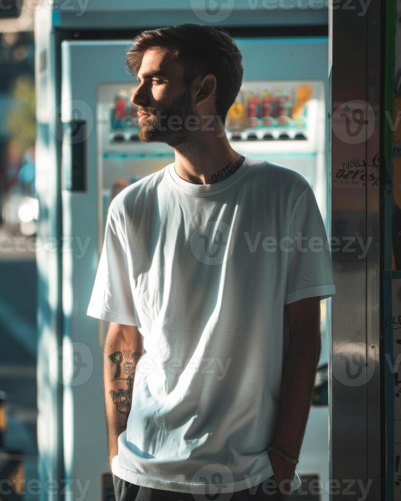 jovem adulto homem modelo dentro em branco branco t camisa para Projeto brincar foto